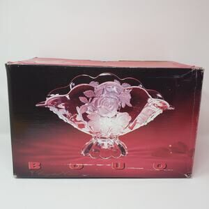 Bouquet 13" Oval Bowl Frosted Clear Crystal Union Glass - Handmade